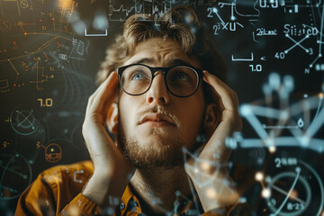 Concentrated and focused man with various math symbols and digits surround his face. Visualization of thought processes around person