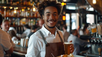 A Cheerful Bartender Serving Beer