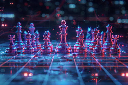 Vibrant digital chessboard with chess pieces in neon lighting. Strategy and tactics for winning in virtual reality