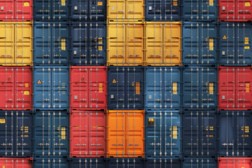 Background with colorful shipping containers stacked at commercial dock. Cargo freight shipping and logistics industry.
