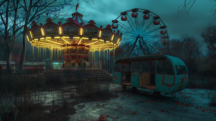 The carousel in abandoned carnival at night, Amusement park
