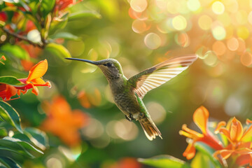 Fototapeta premium Hummingbird Hovering Near Vibrant Flowers in Tropical Jungle. Colibri bird against blurred natural background. Concept of harmony between wildlife and nature
