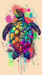 A vibrant turtle covered in colorful paint splatters on a beige background