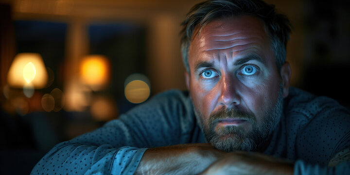 A close-up view of a man looking anxious and worried at a scree