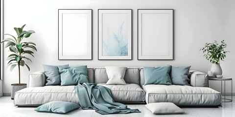 Mockup of modern living room with empty picture frames on white wall. Concept Home Decor, Interior Design, Wall Art, Living Room Design