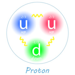 Proton with two up quarks, one down quark, their charges and the forces between them on white background. Nuclear physics. Vector illustration.