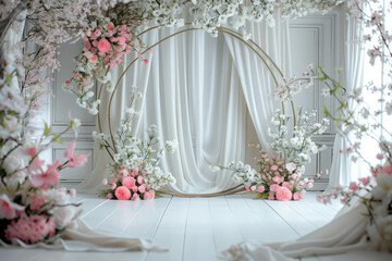 Maternity backdrop, wedding backdrop, photography background with delicate flowers and white satin drapes.
