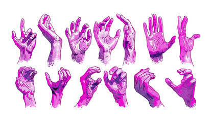 Isolated vector illustration of Retro game style neon pink icon. Set of pixel art human hand gestures. Digital design. Vintage arcade. Cartoon character. Neon sign. Pixel artwork. Retro gaming.