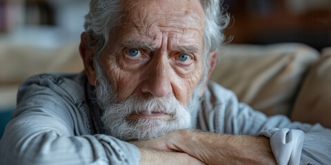 A close-up view of a man looking anxious and worried at a screen