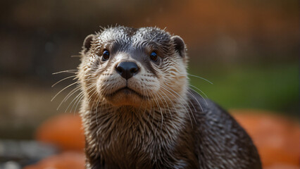 Fototapeta premium A brown otter is looking at the camera