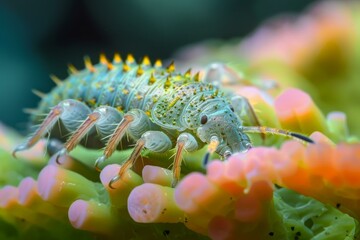 Closeup image displaying the vivid details and textures of a spiny caterpillar on colorful foliage