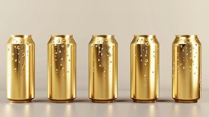 High quality realistic illustration of golden drink cans with refreshing drops of condensation, perfect for beer or soda