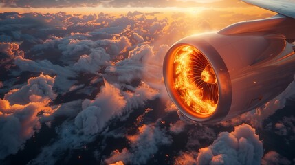 Burning airplane engine on fire, seen from above in the sky over clouds. A plane is flying with a blazing jet engine at sunset.