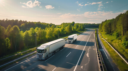 Two trucks driving on the highway, white and grey colors, blue sky, and green trees in the background