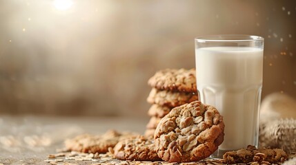 Freshly baked oatmeal cookies with a glass of milk. Homemade oatmeal cookies with a glass of milk on a light background. Close up, side view, copy space for text. Healthy food.