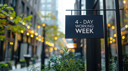 4 - Day working week on a black city-center sign in front of a modern office building	

