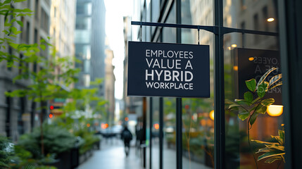 Employees Value A Hybrid Workplace on a city-center sign in front of a modern office building	
