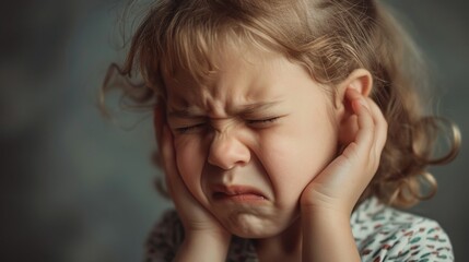 Close-up of a young child with curly hair, covering their ears with both hands, showing a distressed expression. The child appears to be experiencing discomfort, possibly from a loud noise or ear pain