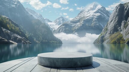 Tranquil Alpine Lake with Circular Platform Amidst Snowy Mountains