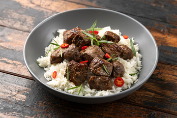 Garlic butter beef steak bites with rice