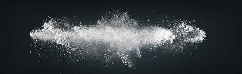 Abstract dynamic cloud of white dust particles dispersing against black smoke background in...