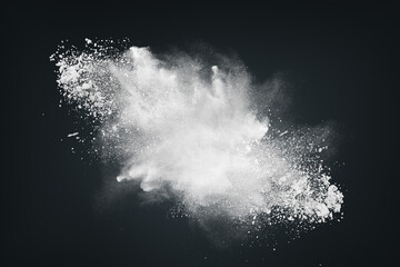 Abstract dynamic cloud of white dust particles dispersing against black smoke background in explosion. Design element creative collage.