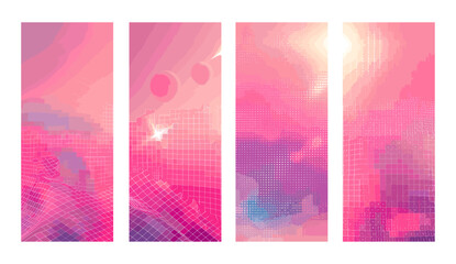 Y2K aesthetic poster set with pastel pink color, geometric shapes, wireframe grids, aura gradient, vector illustration background in 90s, 2000s style. Vaporwave, retro-futurism, cyberpunk, nostalgia.