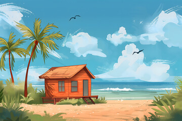 A digital illustration of a small orange wooden house on the beach