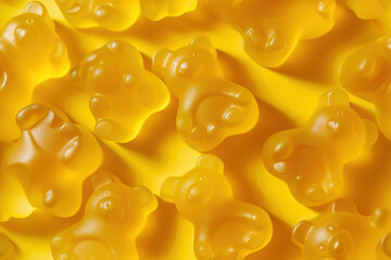 yellow gummy bear background, Close-Up Yellow Gummy Bear Background | Sweet and Playful Design | Candy, Treats, Close Shot, Vibrant Yellow, Fun and Colorful