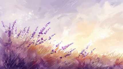 Soft watercolor artwork depicting a field of lavender swaying in the breeze under a pastel sky