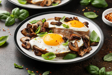 Mushrooms and fried eggs on toast with herbs breakfast