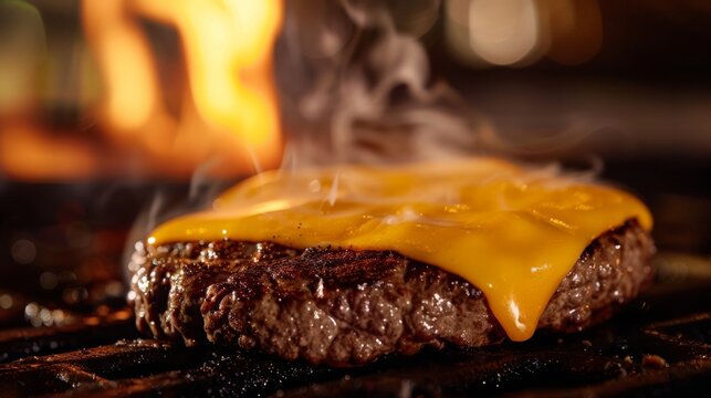 A juicy cheeseburger sizzling on the grill.