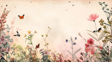 A detailed illustration of a plant's flowers and their pollinators, showcasing the symbiotic relationship between plants and insects, flowers and pollinators, hd, with copy space