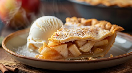 A delicious homemade apple pie with a flaky crust and a lattice top, served with a scoop of vanilla ice cream.