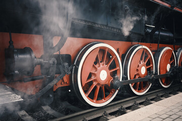 Close-up of a steam locomotive wheel at a railway station.