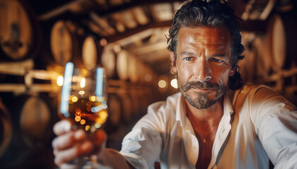 Whiskey connoisseur inspects a glass in a cellar surrounded by barrels, exuding sophistication and expertise. Captures the essence of whisky tasting, perfect for branding