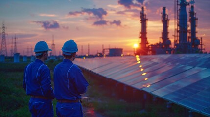 Two engineers are engaged in conversation in the evening, against the backdrop of a solar cell farm