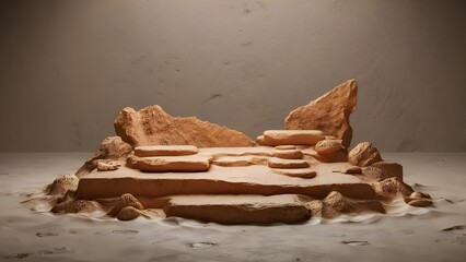 A podium made of rough rocks for product photography background