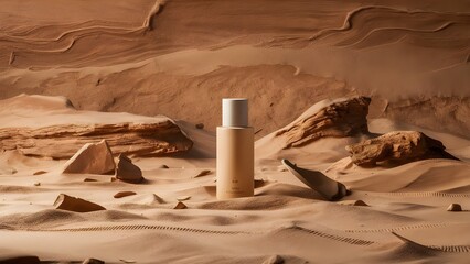 A perfume spray bottle on desert sand for product photography background