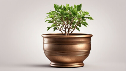 A small plant in a copper-colored flower pot.