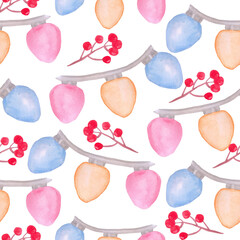Blue red and gold light bulbs and red berries isolated on a white background. Glowing garlands birthday celebration decorations made from LED lamps design for holiday greeting cards textiles