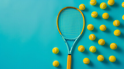 Tennis Racket Surrounded by Yellow Tennis Balls on Blue Background
