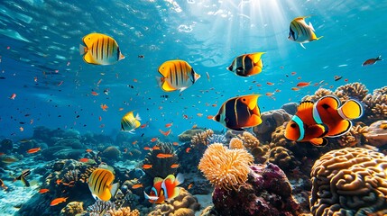 A colorful school of tropical fish swimming among coral reefs in a clear blue ocean.