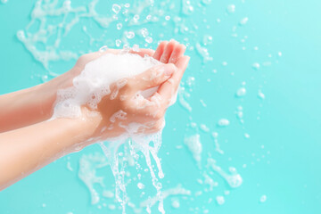 Fototapeta premium Woman washing hands with soap on blue background