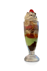 strawberry and lemon ice cream, cherry placed on top of whipped cream in a glass cup on white background, food, dessert, eat, diet, copy space