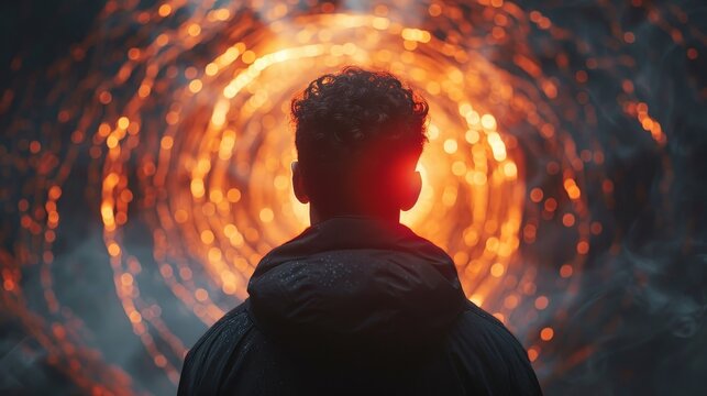 close-up camera of a person, fhoto realistic, with his back turned, black holes, universe light channels, vortices