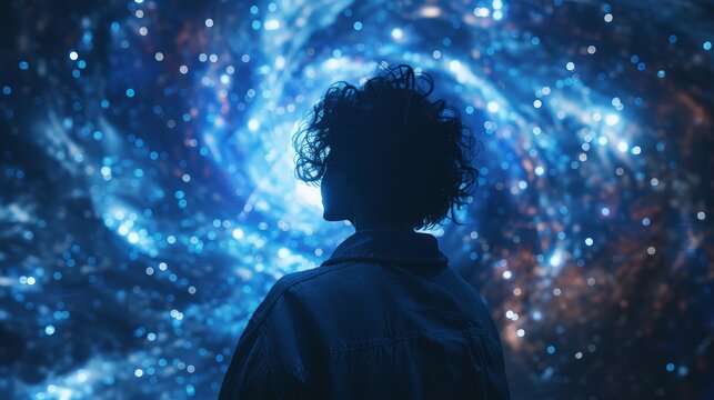 close-up camera of a person, fhoto realistic, with his back turned, black holes, universe light channels, vortices