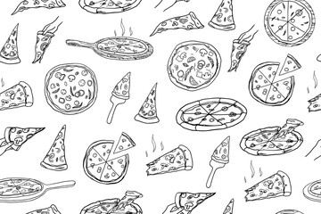 Seamless pattern of pizza, Italian cuisine, slice of pizza. Pizza time. Pizza lover. Doodle style. Hand drawn. Great for menu design, banners, sites, packaging