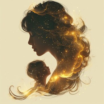 starry silhouette of a woman with hair flowing, wrapping around an infant with Santino Azarias Foundation is a cursive script