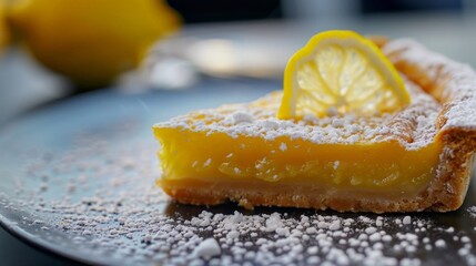 A slice of lemon tart sprinkled with powdered sugar on a blue plate with a lemon wedge on top.
